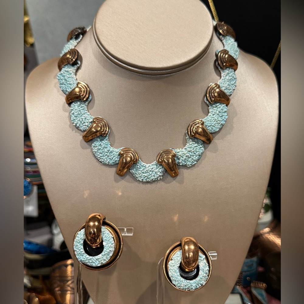 Vintage Matisse Seafoam Textured Enamel Copper Signed Necklace & Earring Set